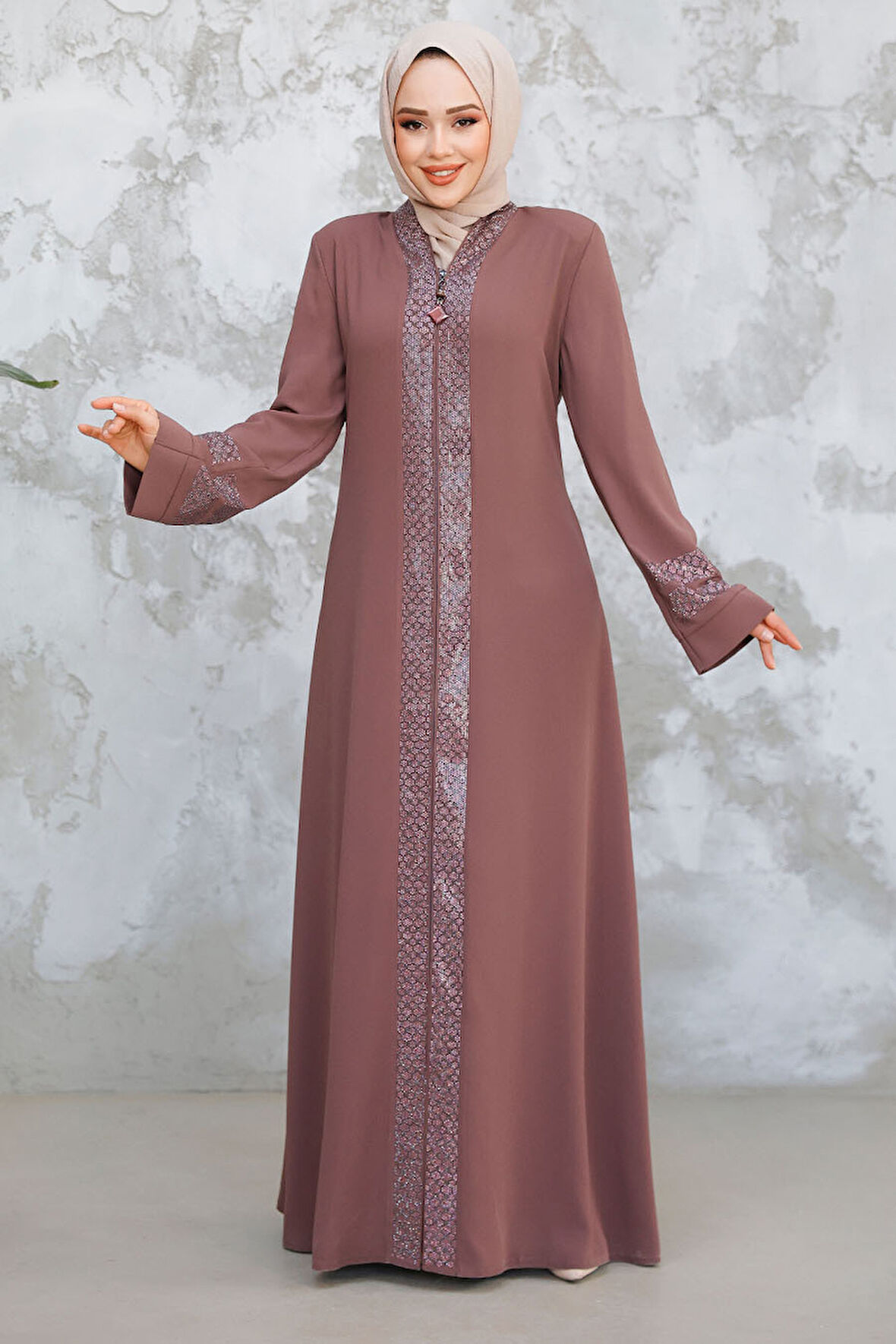 Desenli Şeritli Gül Kurusu Tesettür Abaya 18004GK