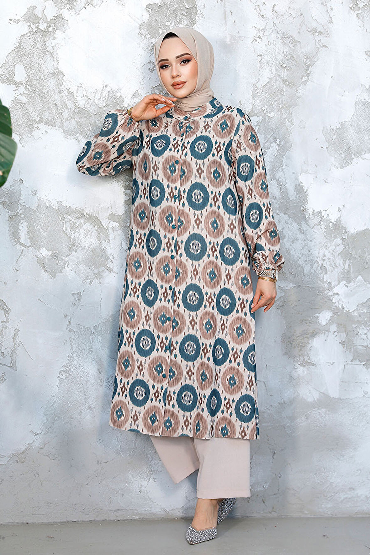 Desenli Zümrüt Yeşili Tesettür İkili Takım 10692ZY