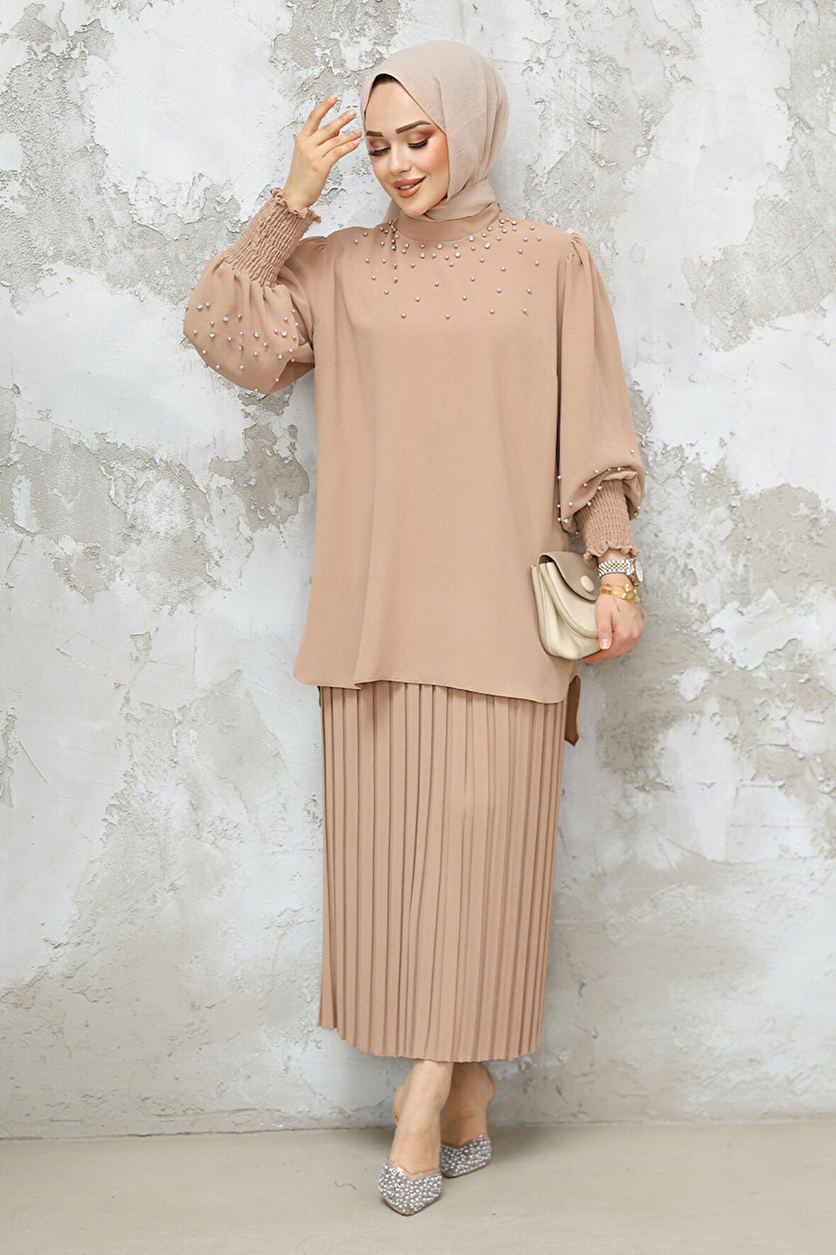 İnci İşlemeli Camel Tesettür Etekli İkili Takım 10991C