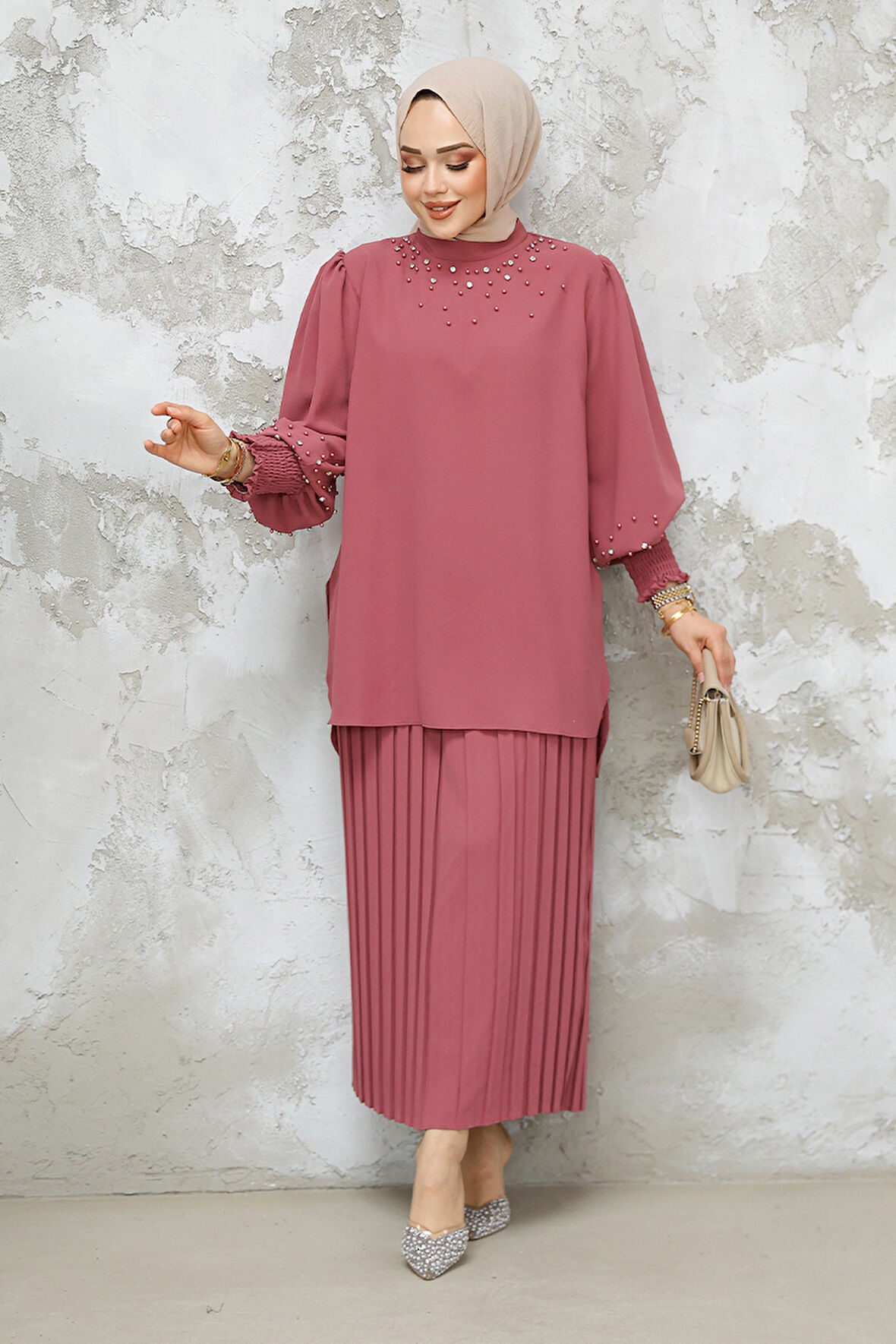 İnci İşlemeli Gül Kurusu Tesettür Etekli İkili Takım 10991GK