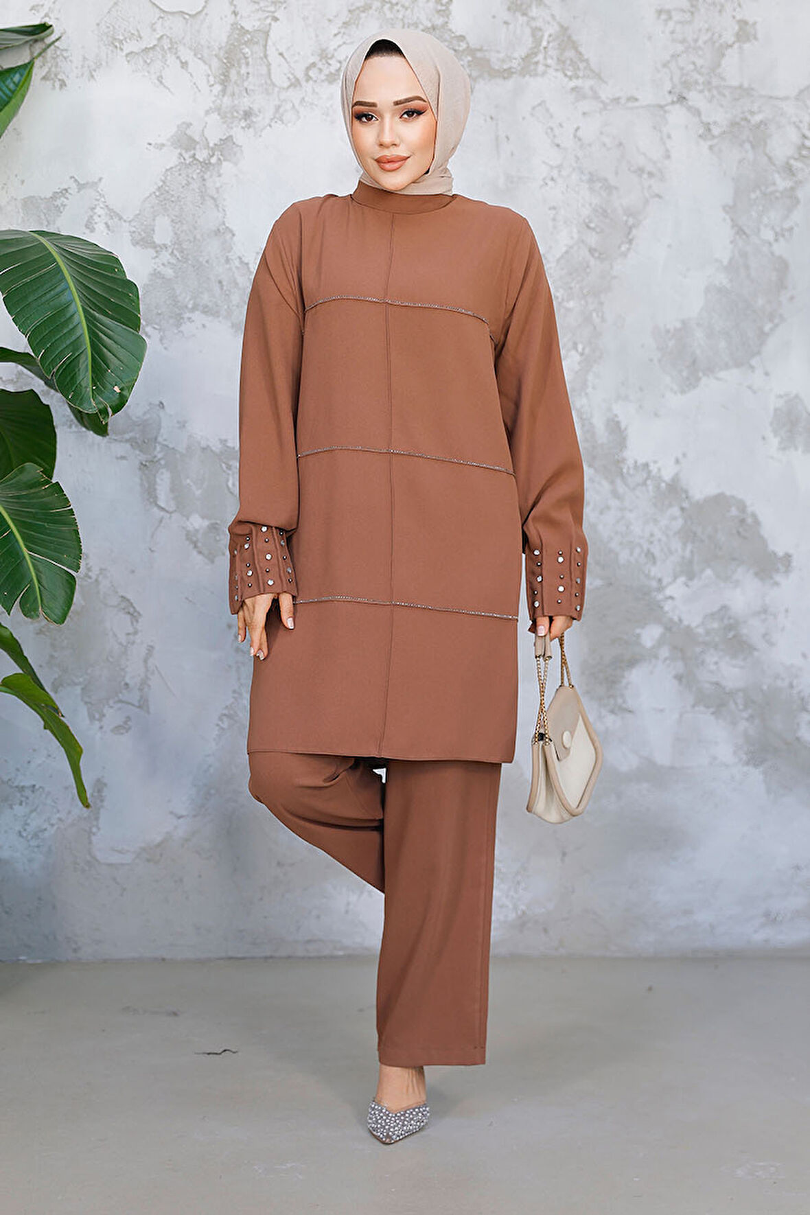 İnci İşlemeli Çikolata Tesettür İkili Takım 65883CK