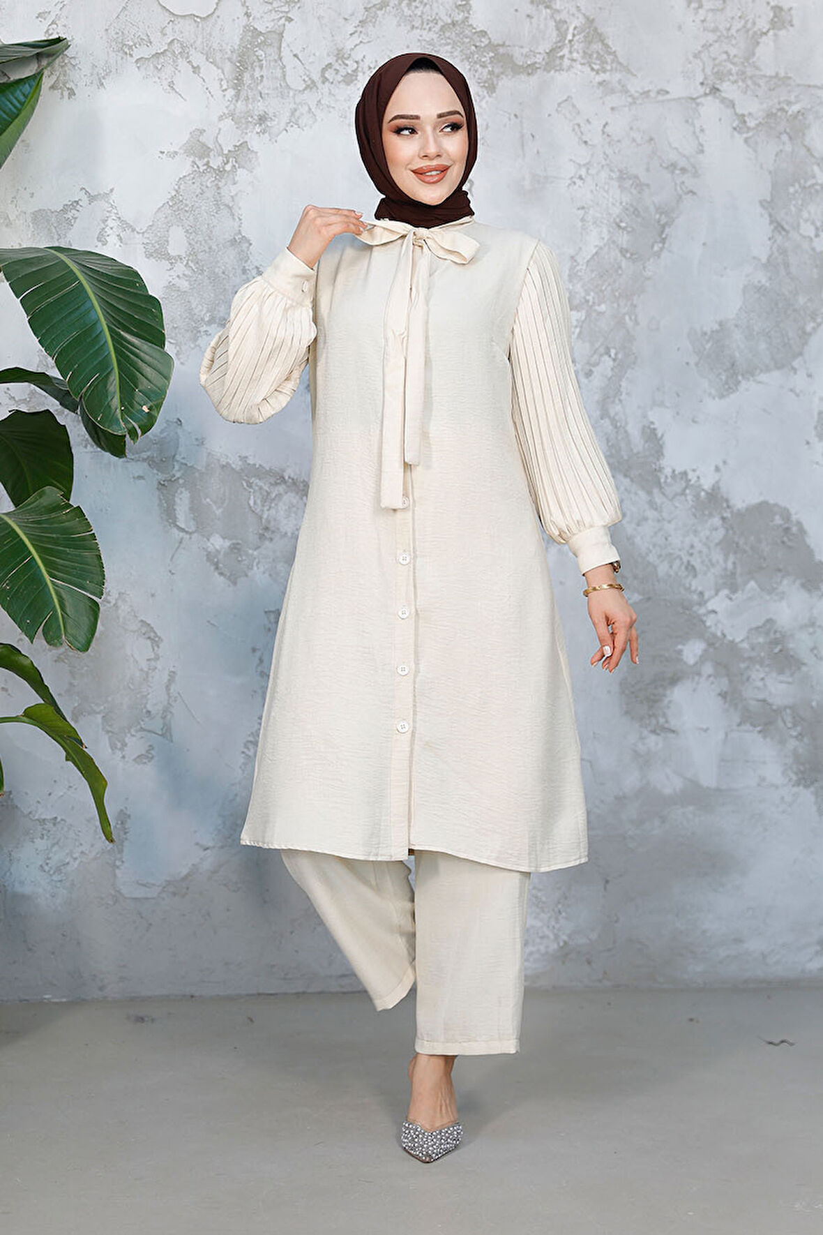 Kolları Pileli Krem Tesettür İkili Takım 51991KR