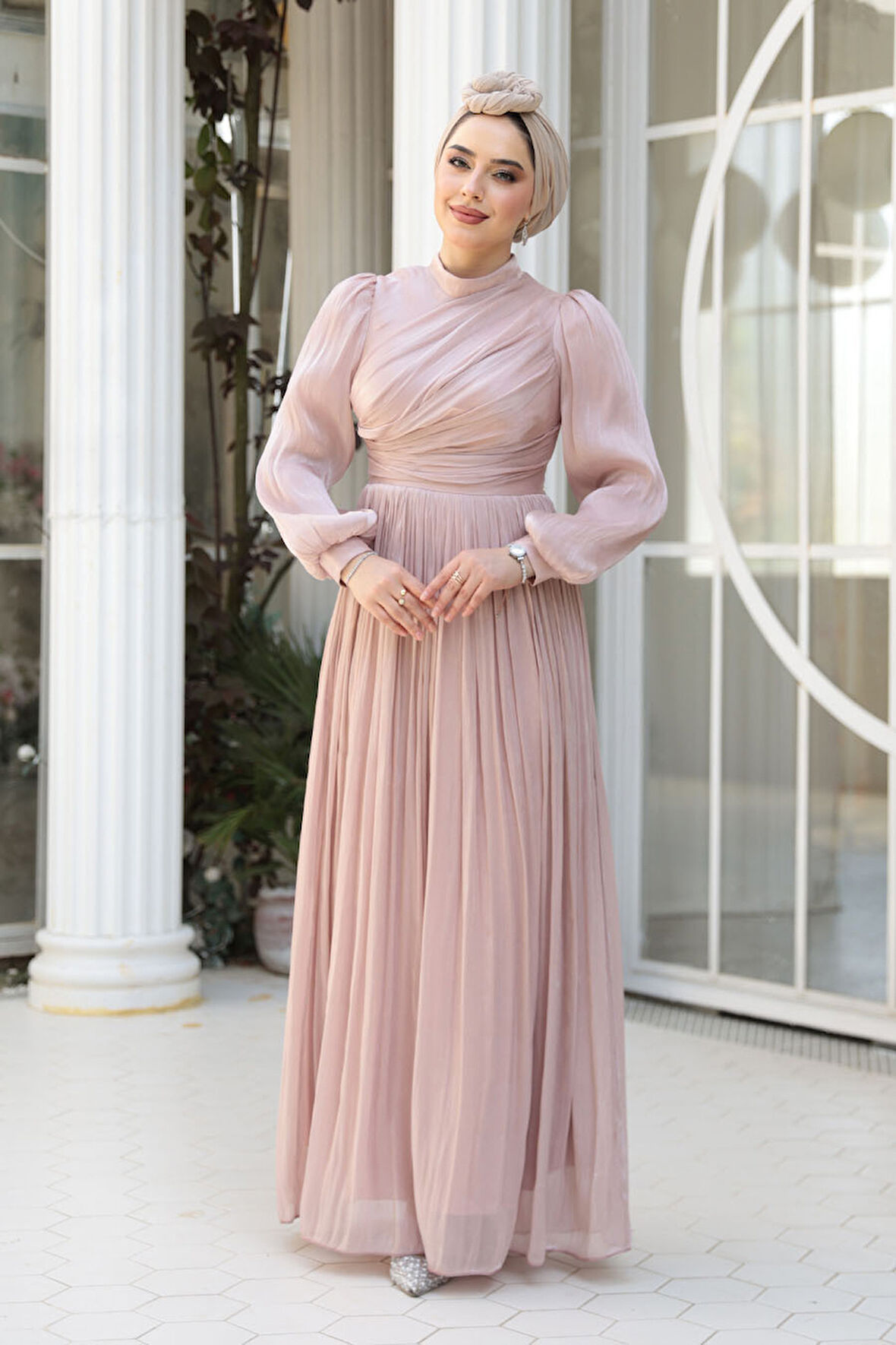 Drape Detaylı Pudra Tesettür Abiye Elbise 44081PD