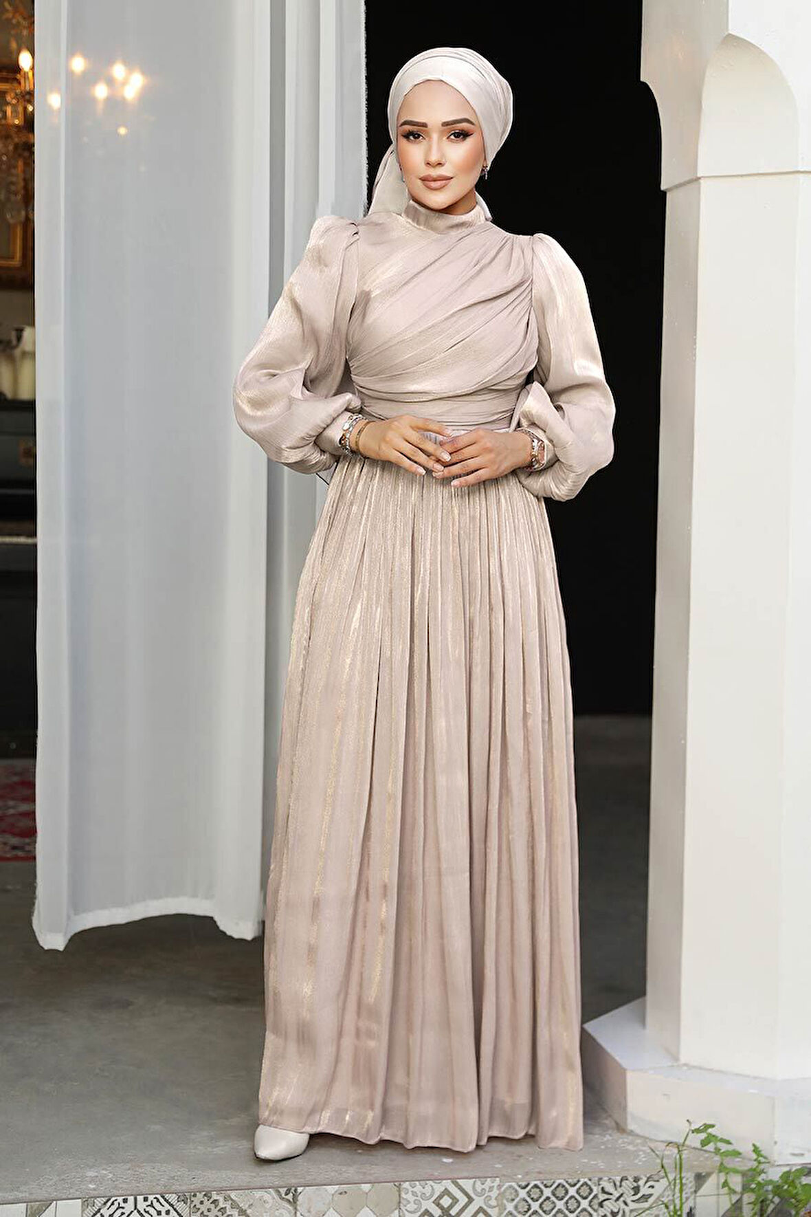 Drape Detaylı Taş Tesettür Abiye Elbise 44081TAS