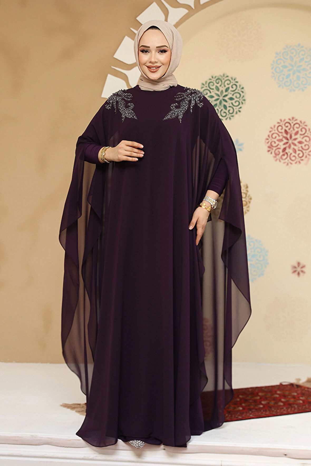 Panço Detaylı Mürdüm Tesettür Abaya 25908MU