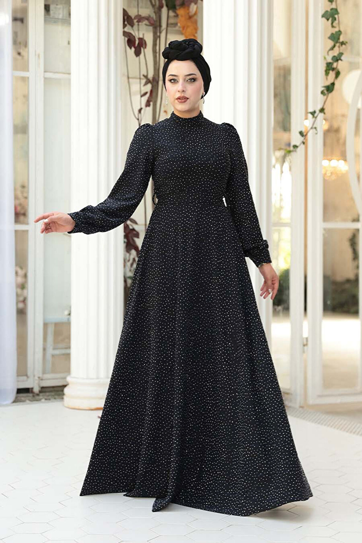 Taş Boncuk İşlemeli Koyu Lacivert Tesettür Elbise 23882KL