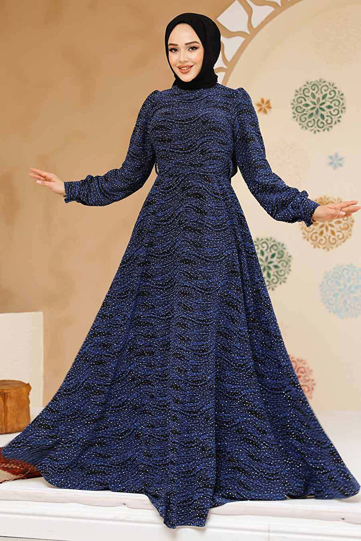 Taş Boncuk İşlemeli İndigo Mavisi Tesettür Elbise 23882IM