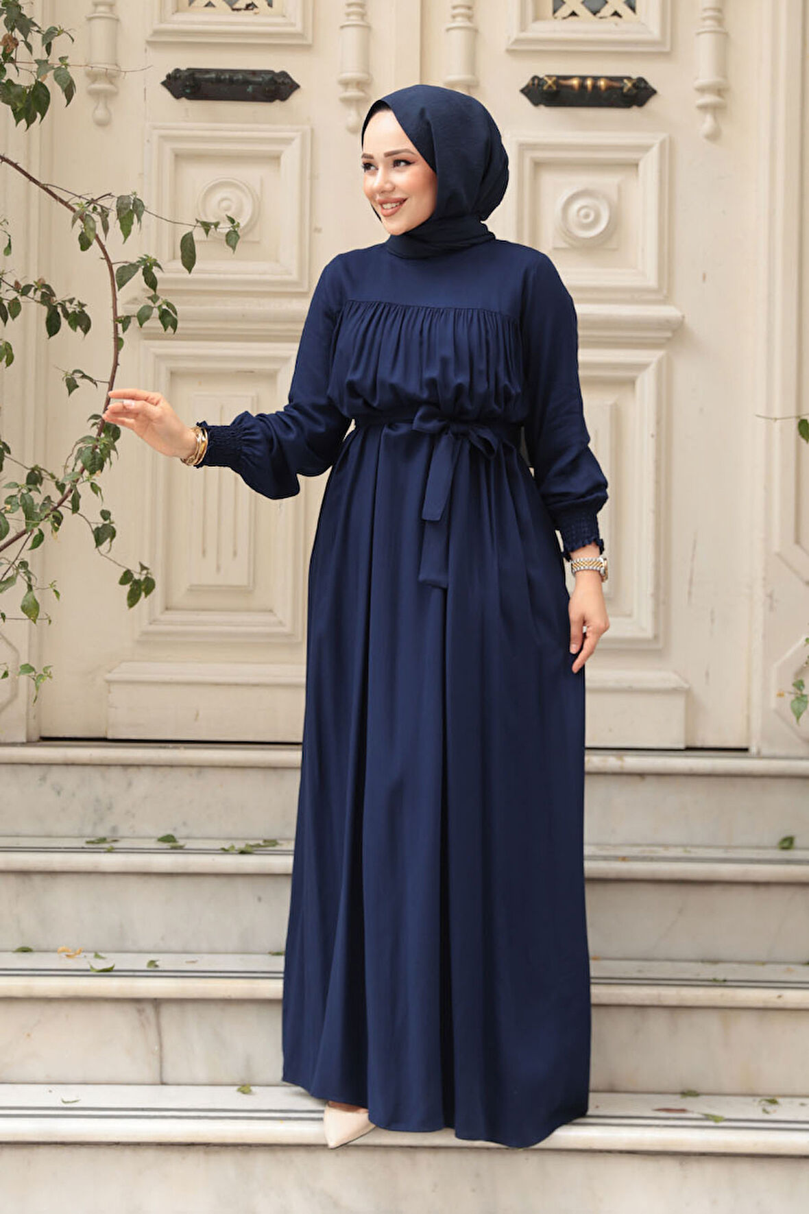 Kemerli Lacivert Tesettür Elbise 23841L