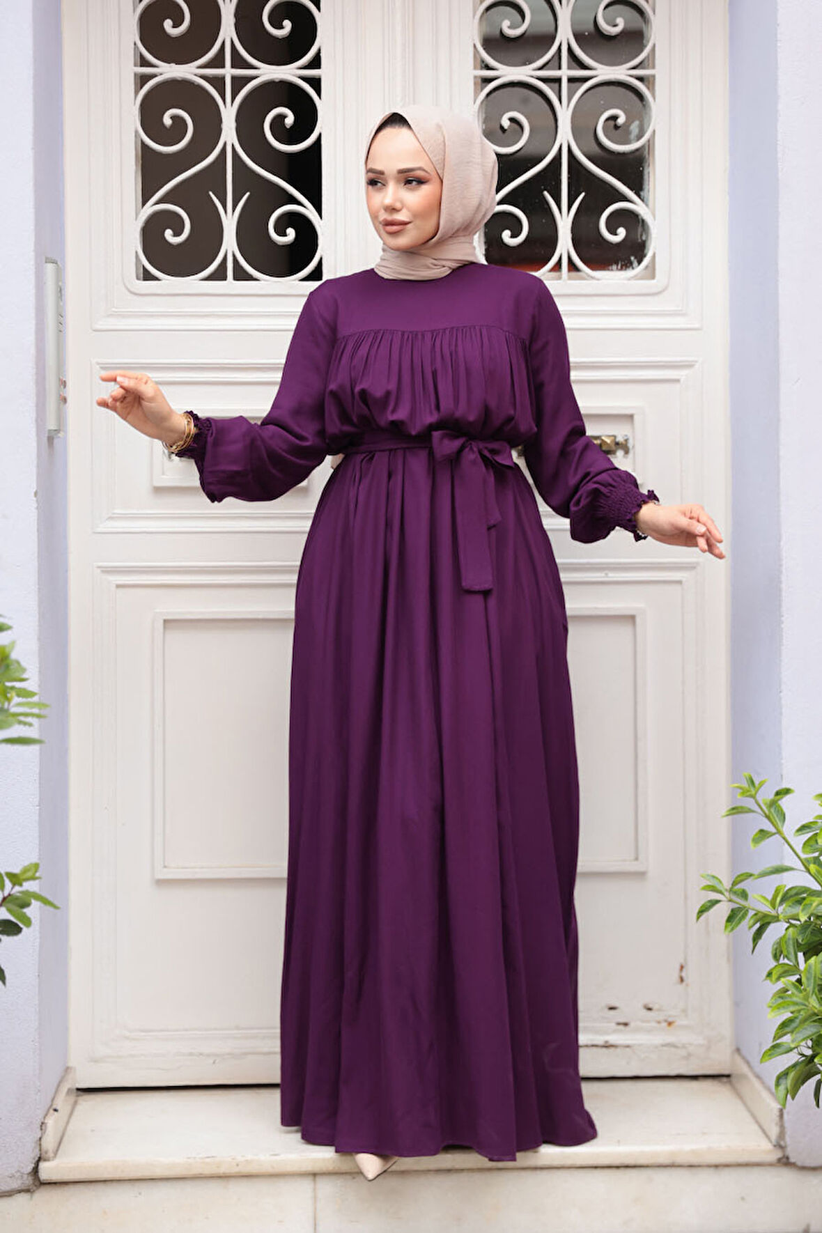 Kemerli Mürdüm Tesettür Elbise 23841MU