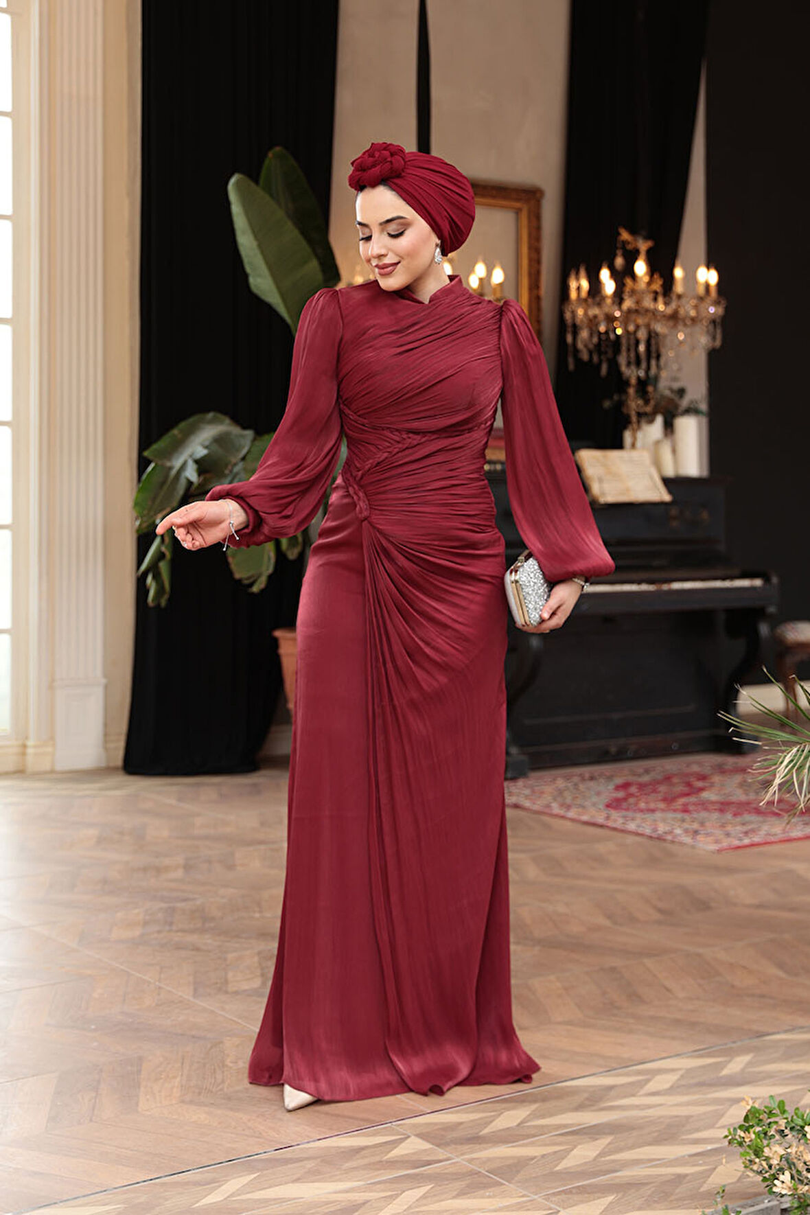 Drapeli Bordo Tesettür Abiye Elbise 50781BR