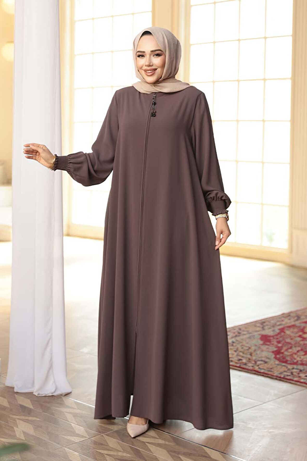 Fermuarlı Koyu Vizon Tesettür Ferace 45287KV