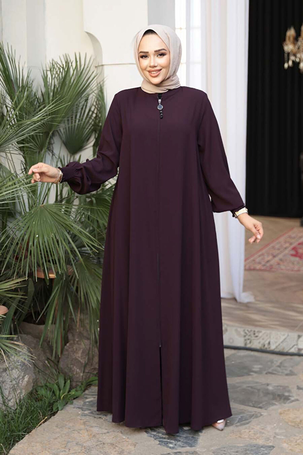 Fermuarlı Mürdüm Tesettür Ferace 45287MU