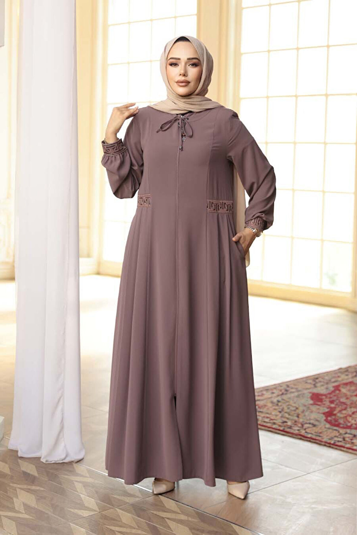 Pile Detaylı Gül Kurusu Tesettür Ferace 45271GK