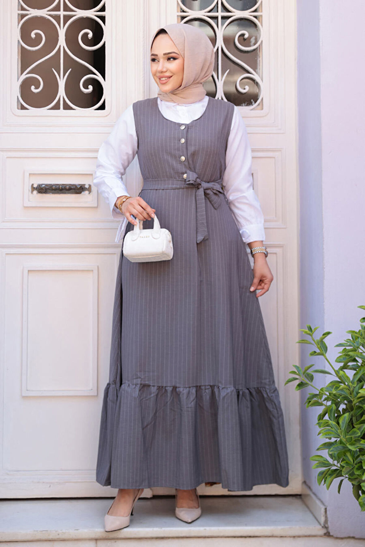Çizgili Füme Tesettür Jile Elbise 70501FU