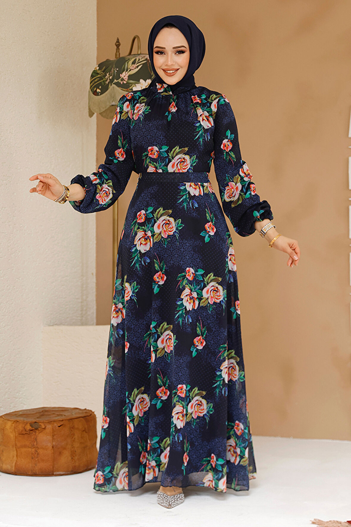 Çiçek Desenli Lacivert Tesettür Elbise 27974L