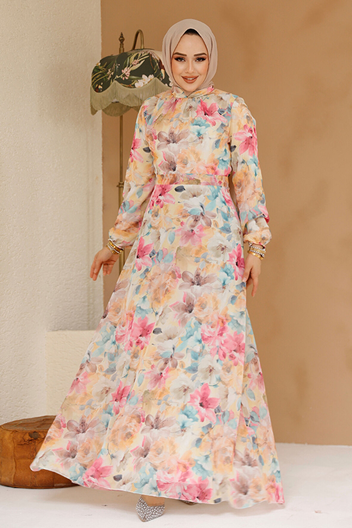 Çiçek Desenli Sarı Tesettür Elbise 27984SR