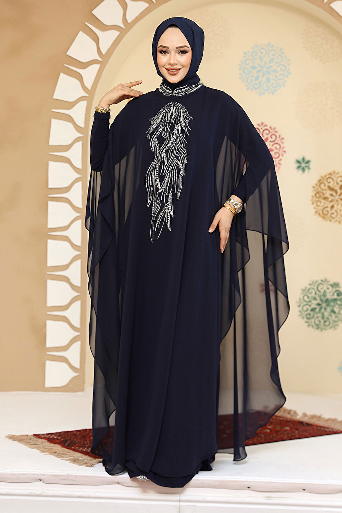 Panço Detaylı Lacivert Tesettür Abaya 25914L