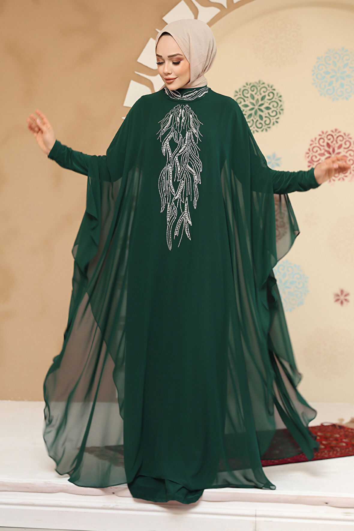 Panço Detaylı Yeşil Tesettür Abaya 25914Y