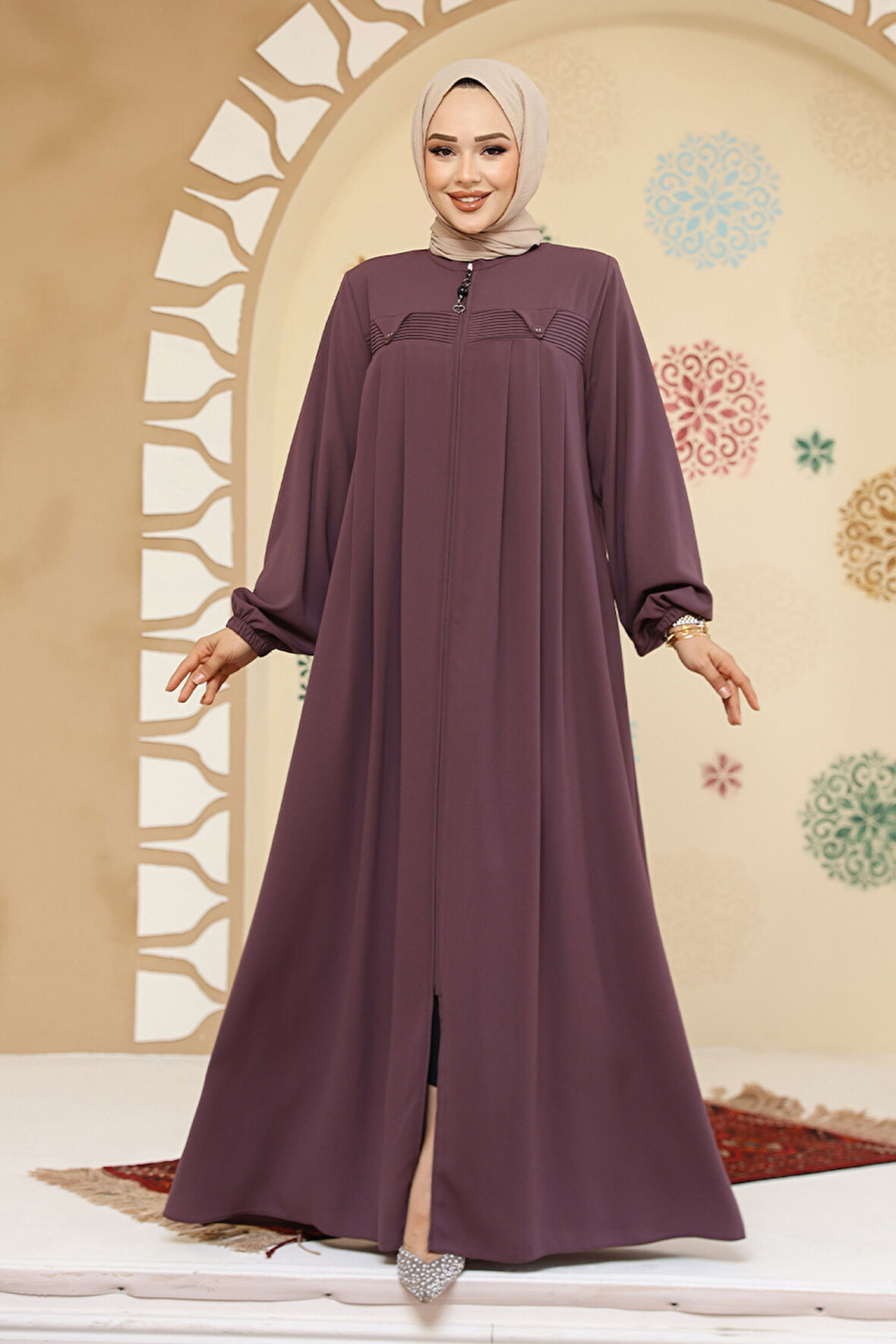 Fermuarlı Gül Kurusu Tesettür Abaya 45295GK