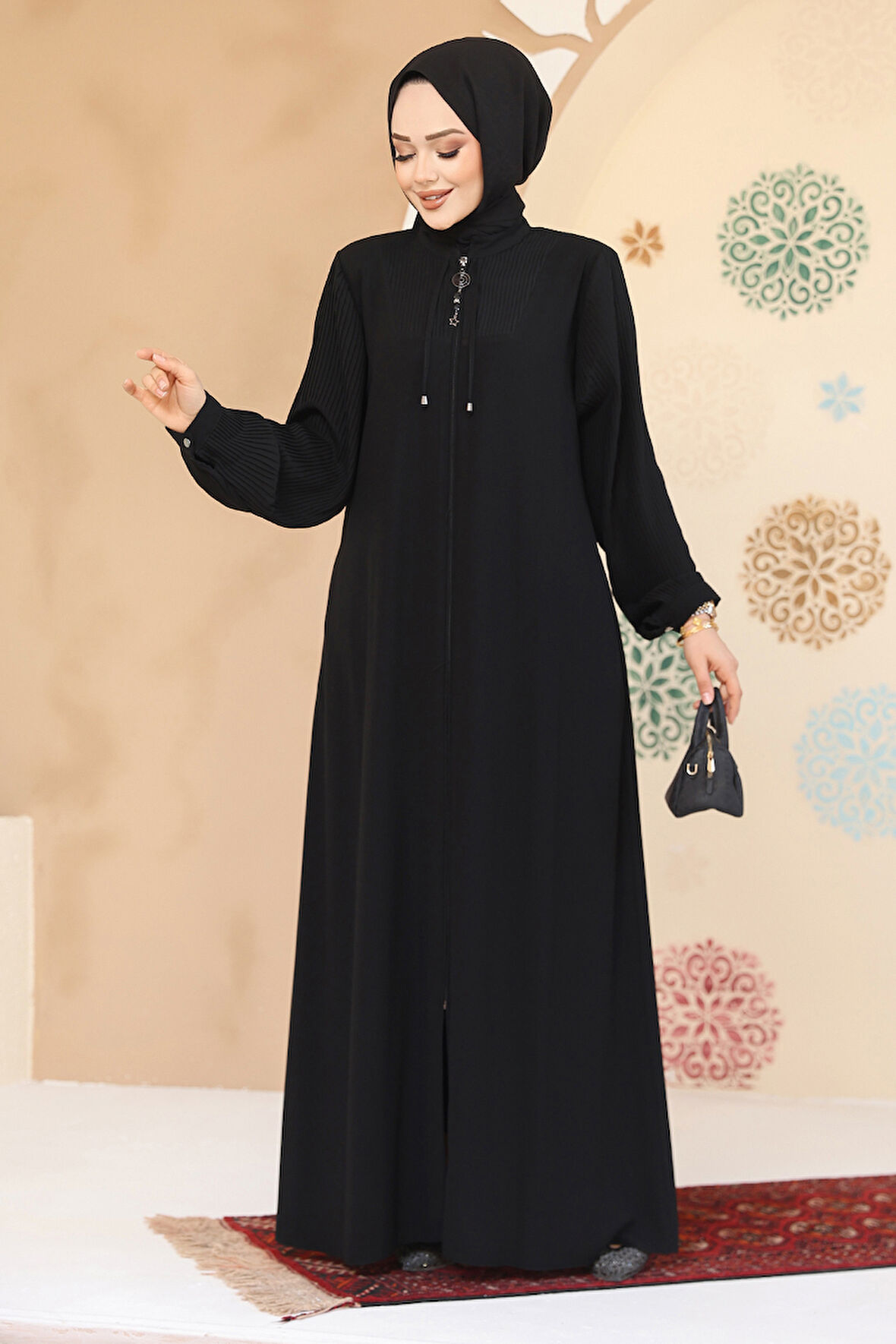 Pile Detaylı Siyah Tesettür Abaya 45296S