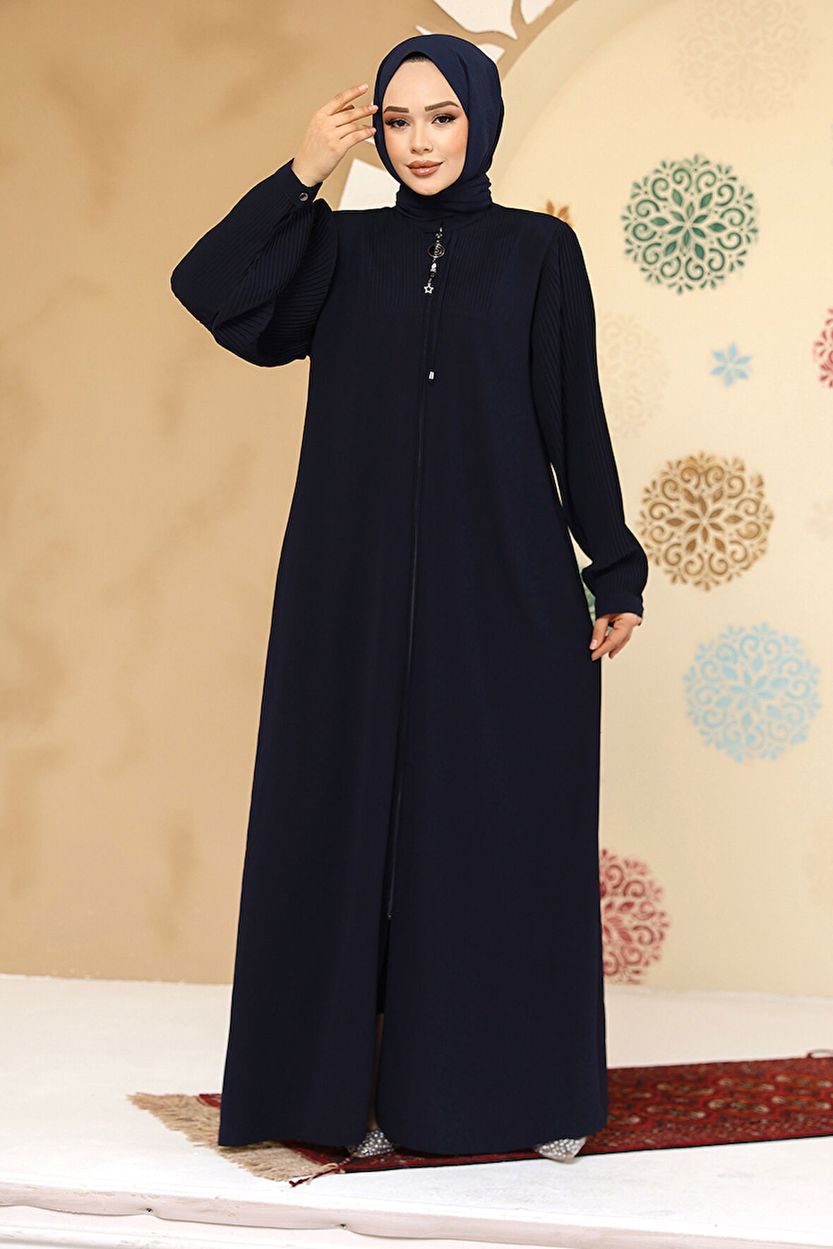 Pile Detaylı Lacivert Tesettür Abaya 45296L