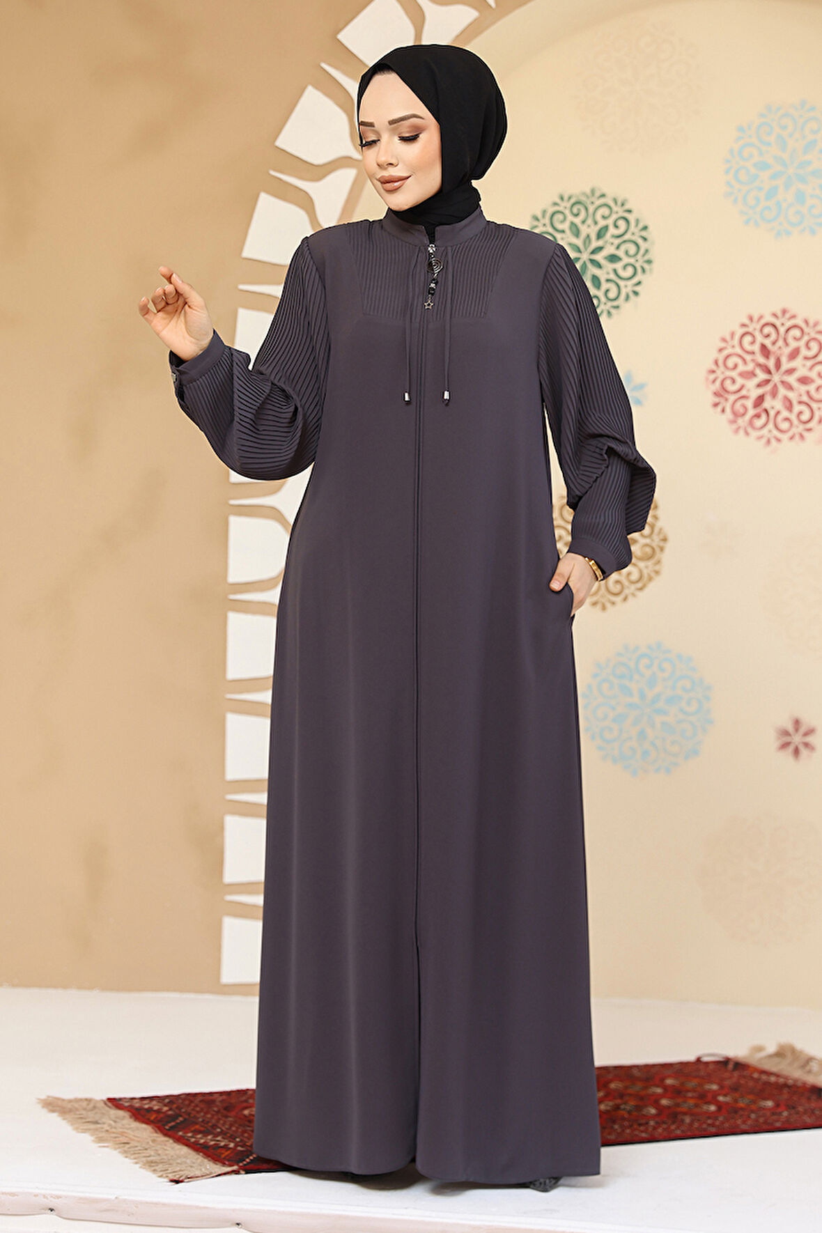 Pile Detaylı Füme Tesettür Abaya 45296FU