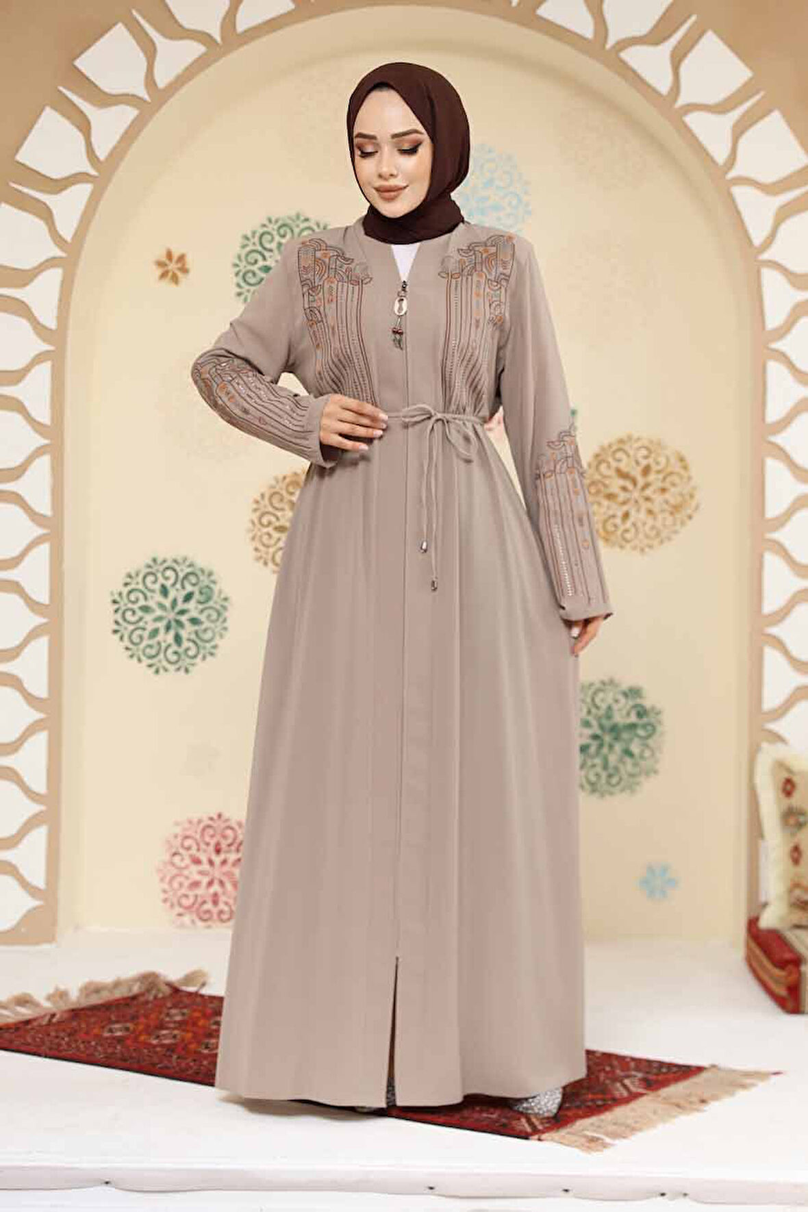 Desenli Bej Tesettür Abaya 45302BEJ