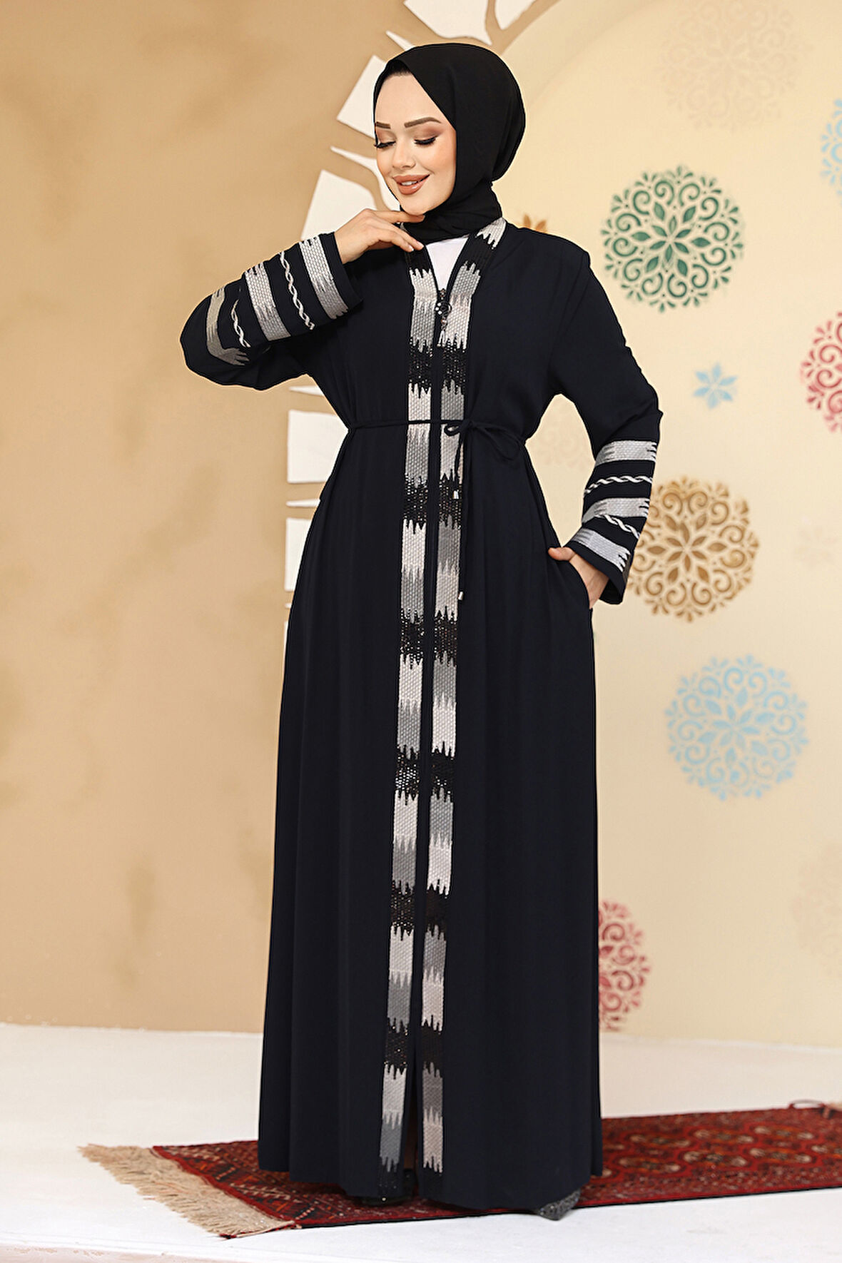 Desenli Lacivert Tesettür Abaya 45303L
