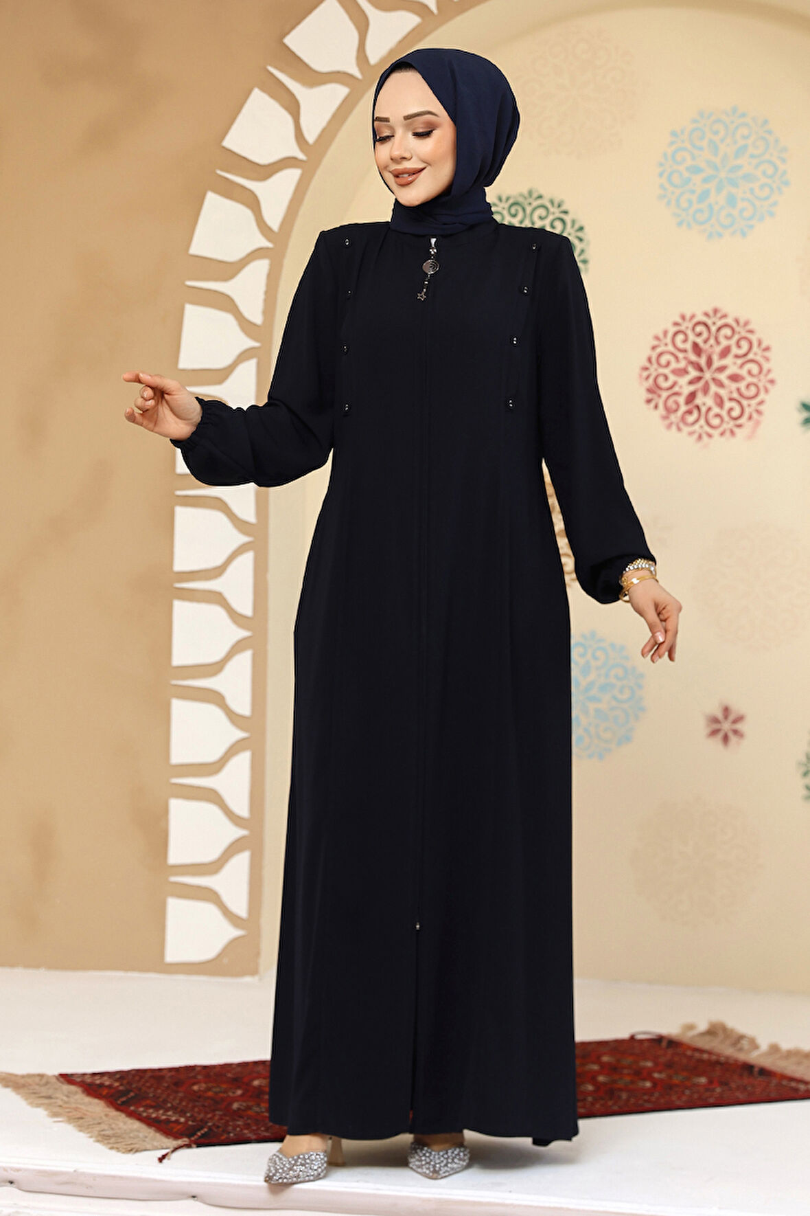 Düğme Detaylı Lacivert Tesettür Abaya 45304L