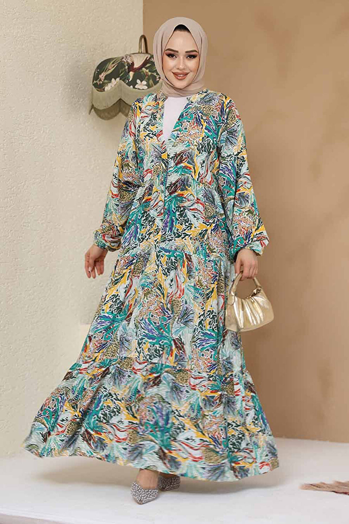 Çiçek Desenli Sarı Tesettür Elbise 235805SR