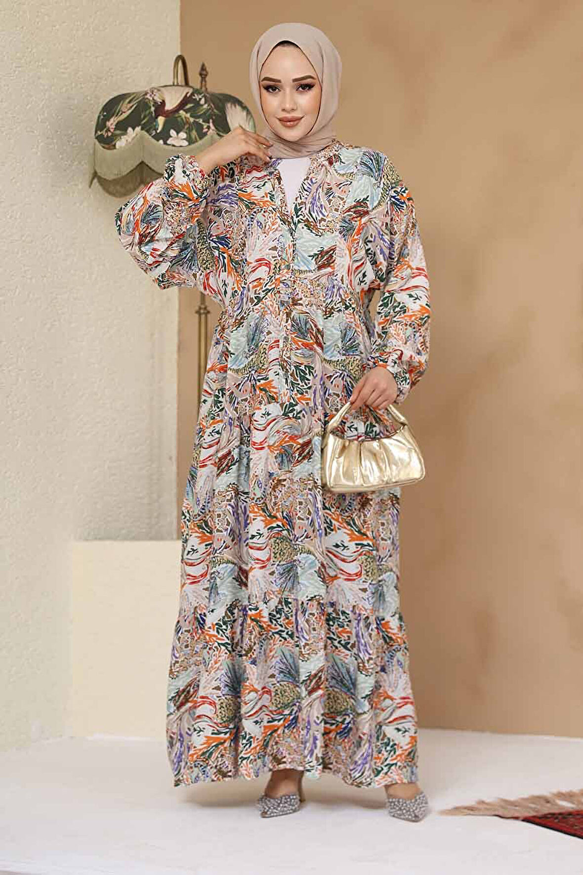 Çiçek Desenli Turuncu Tesettür Elbise 235805TR