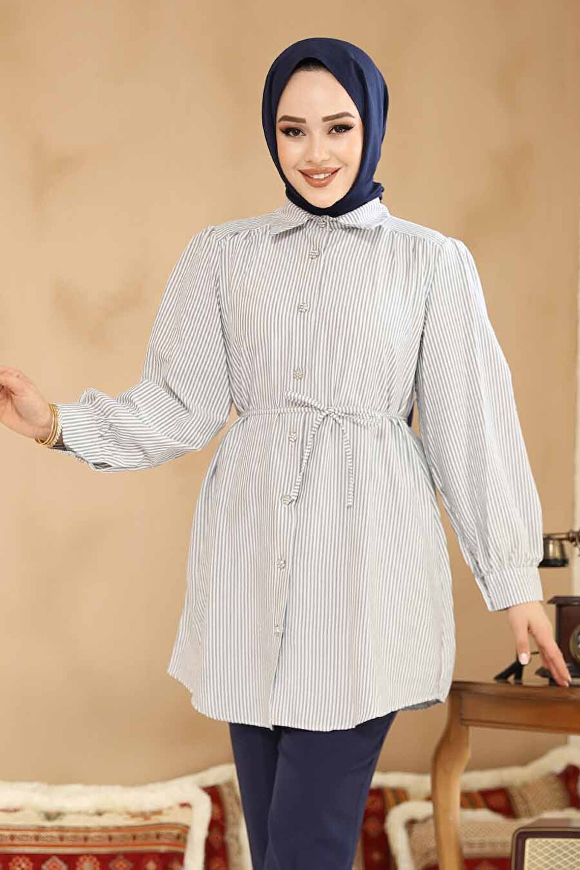 Düğmeli Füme Tesettür Tunik 42421FU