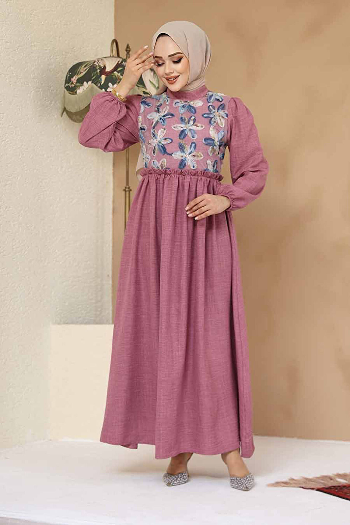 Desenli Kahverengi Tesettür Elbise 45741GK