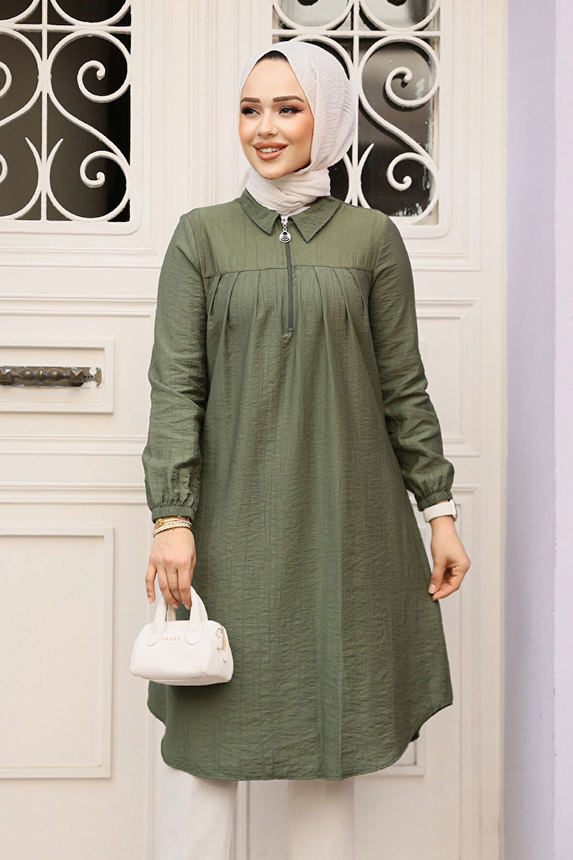 Fermuarlı Haki Tesettür Tunik 1467HK