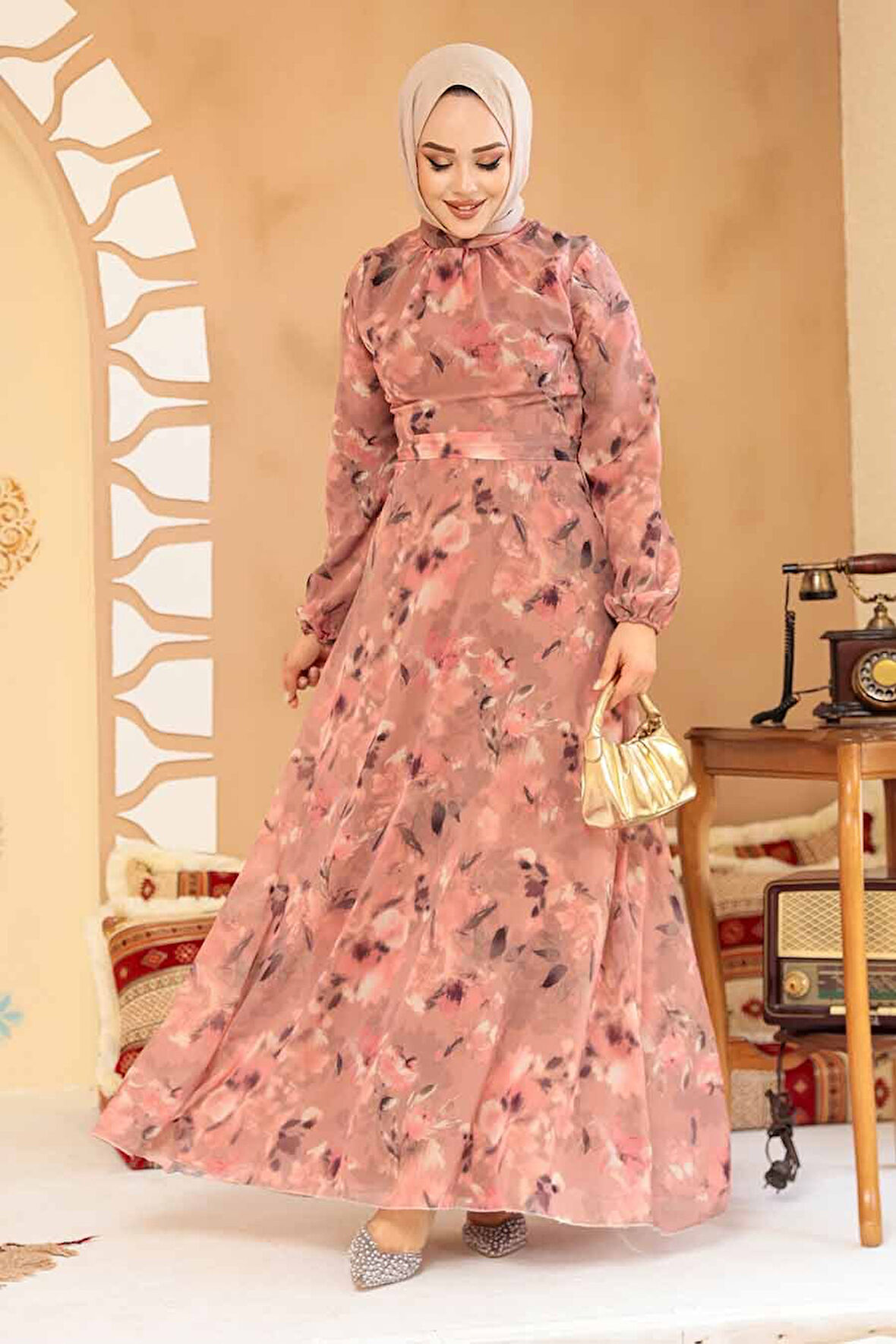 Çiçek Desenli Koyu Somon Tesettür Elbise 27987KSMN