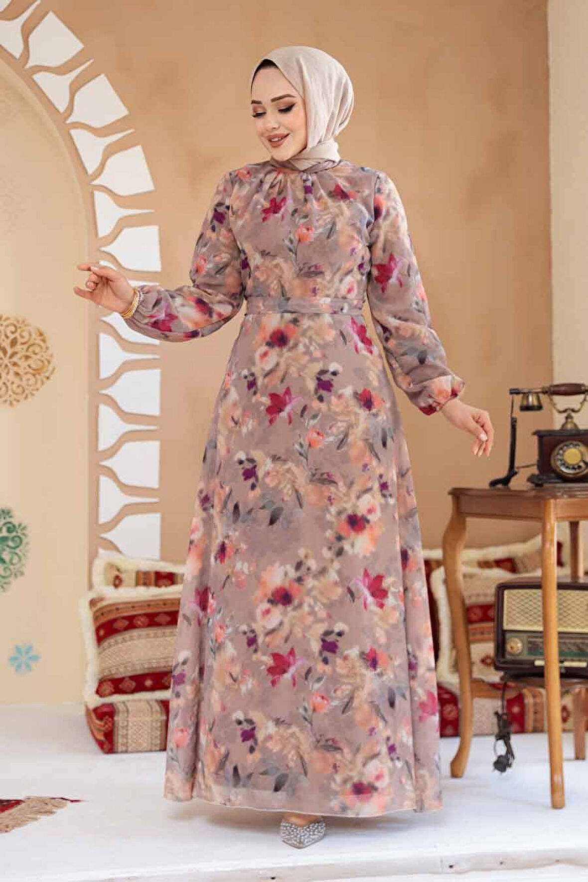 Çiçek Desenli Camel Tesettür Elbise 27987C