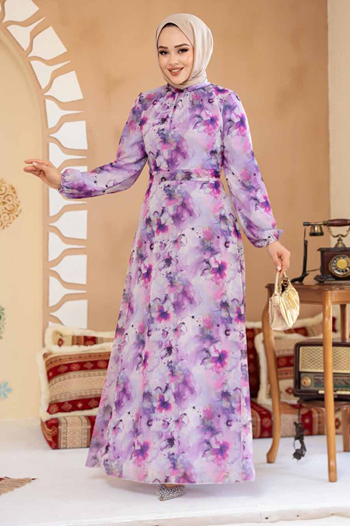 Çiçek Desenli Mor Tesettür Elbise 27991MOR