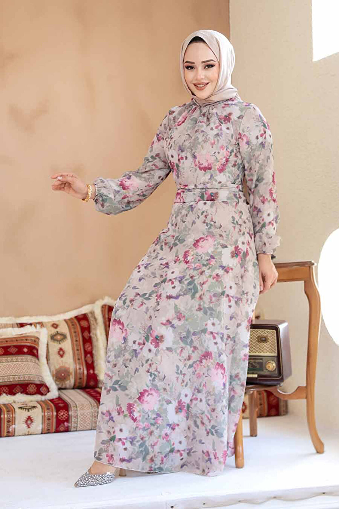 Çiçek Desenli Vizon Tesettür Elbise 27998V