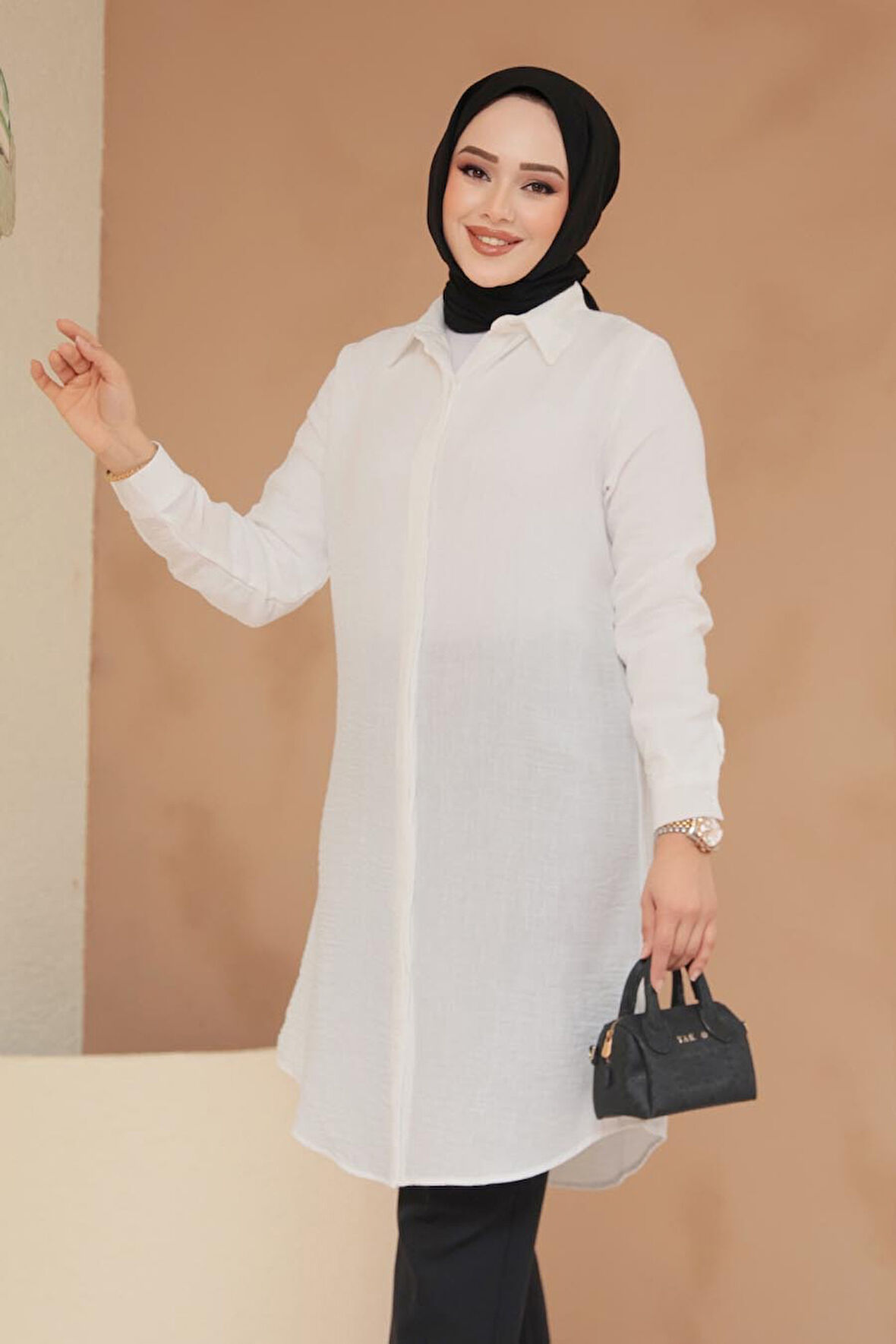 Düğmeli Ekru Tesettür Tunik 11734E
