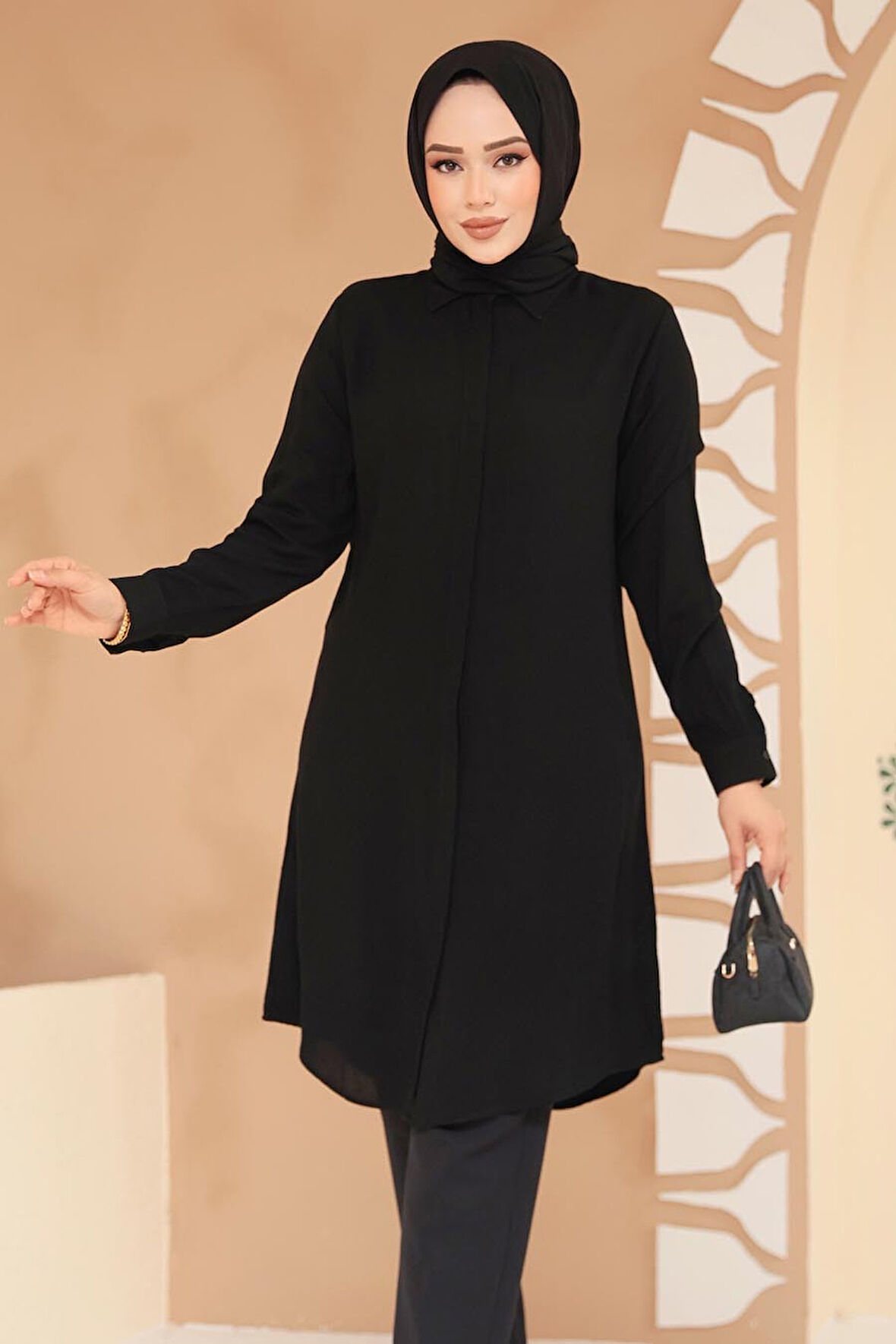 Düğmeli Siyah Tesettür Tunik 11734S