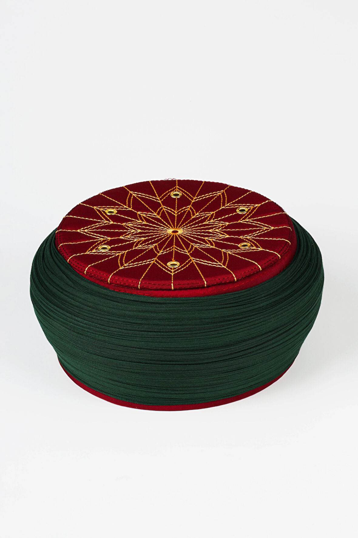 Talebe Sarığı - Yeşil Kumaş - Bordo Takke - Yuvarlak Sarım - Kuş Gözü - 5 metre