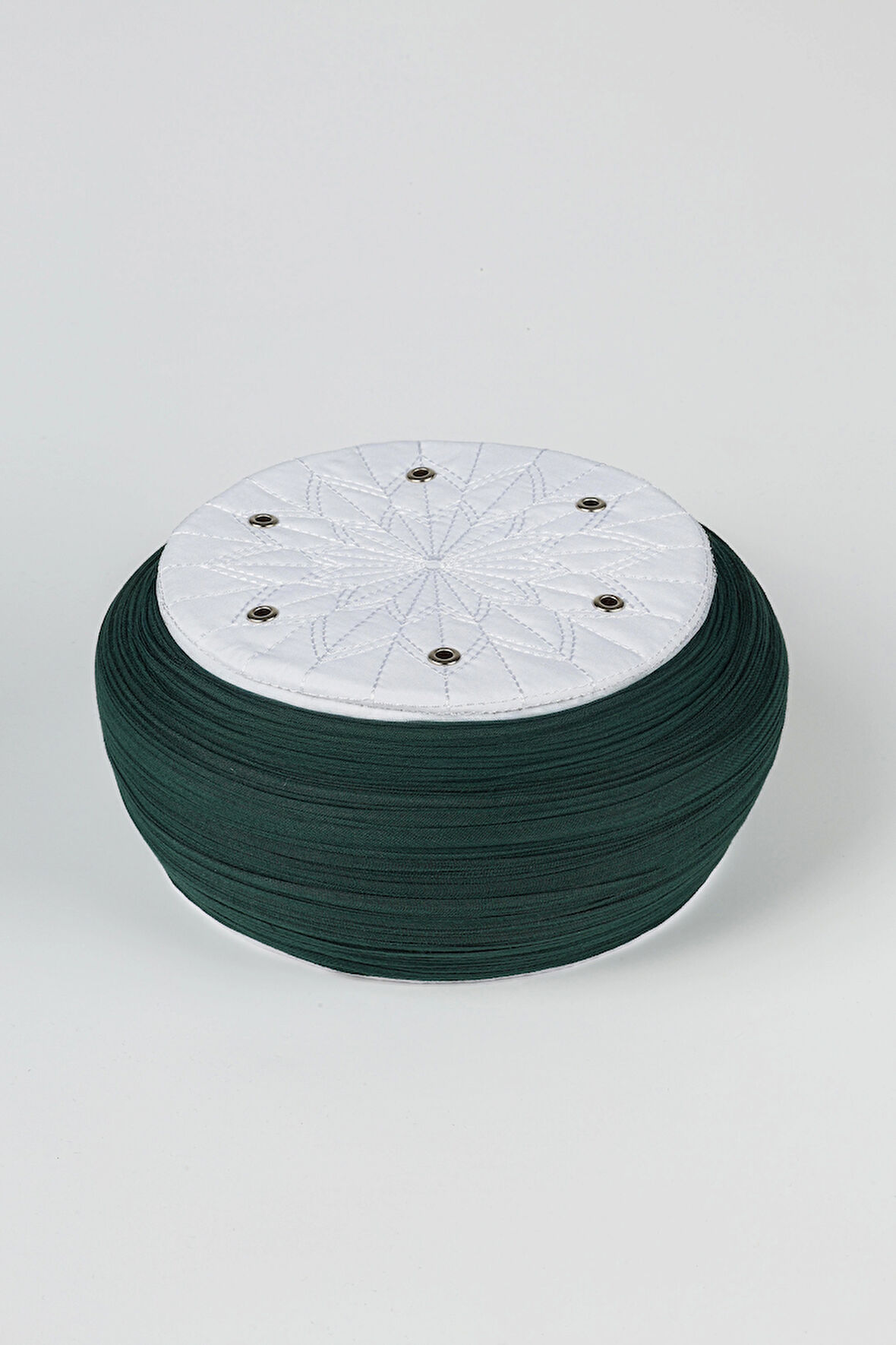 Talebe Sarığı - Yeşil Kumaş - Beyaz Takke - Yuvarlak Sarım - Kuş Gözü - 5 metre