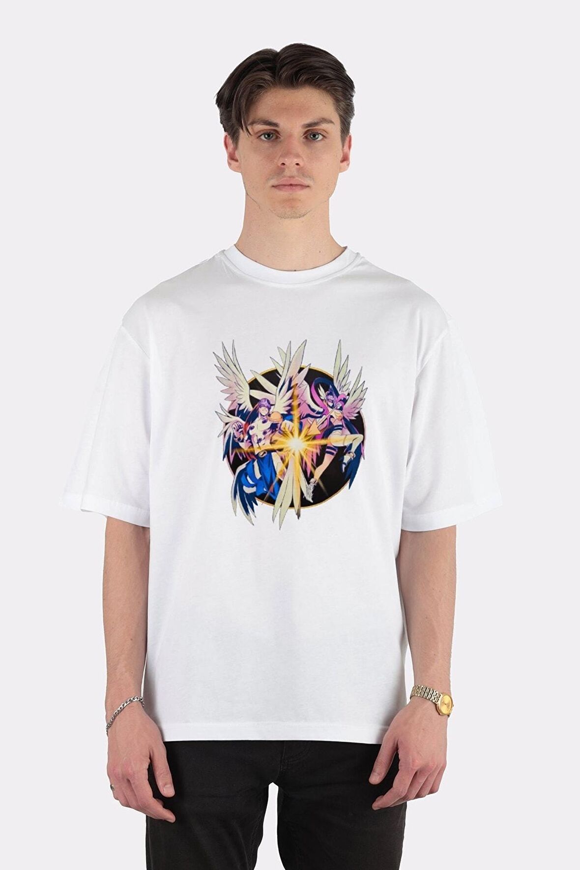 Unisex Beyaz Oversize T-shirt Angemon And Angewomon