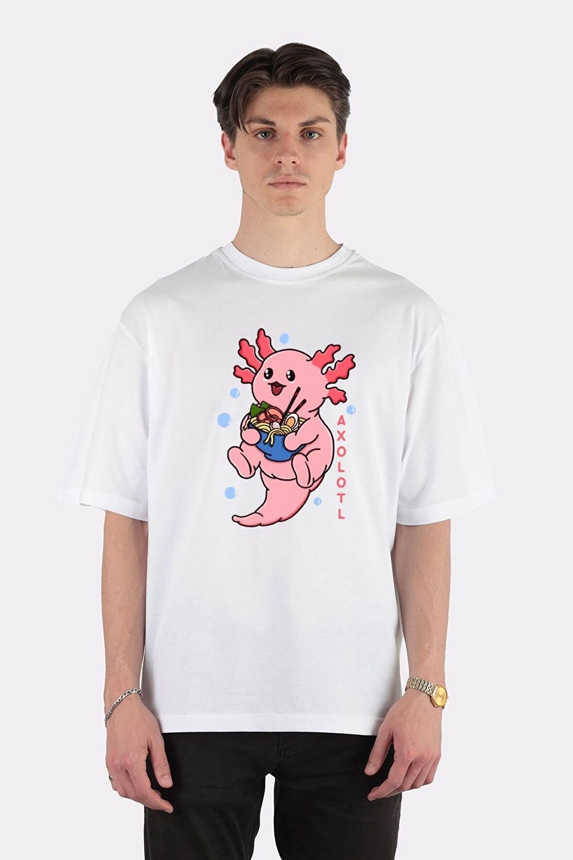 Unisex Beyaz Oversize T-shirt Axolotl Loves Ramen