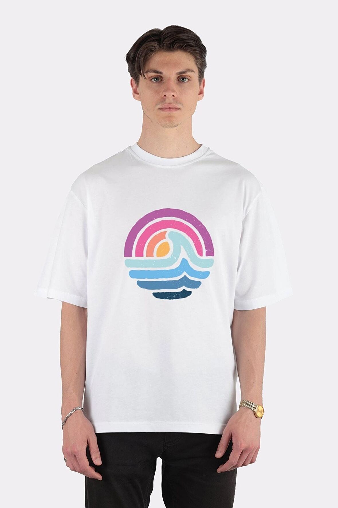 Unisex Beyaz Oversize T-shirt Beach Sunset