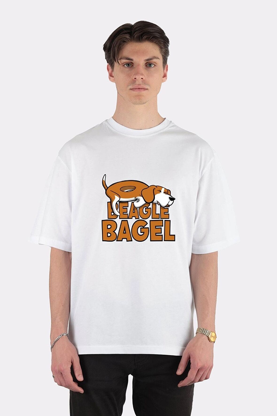Unisex Beyaz Oversize T-shirt Beagle Bagel Dog