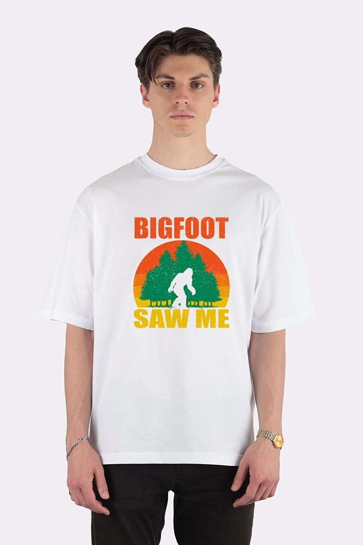 Unisex Beyaz Oversize T-shirt Bigfoot Saw Me
