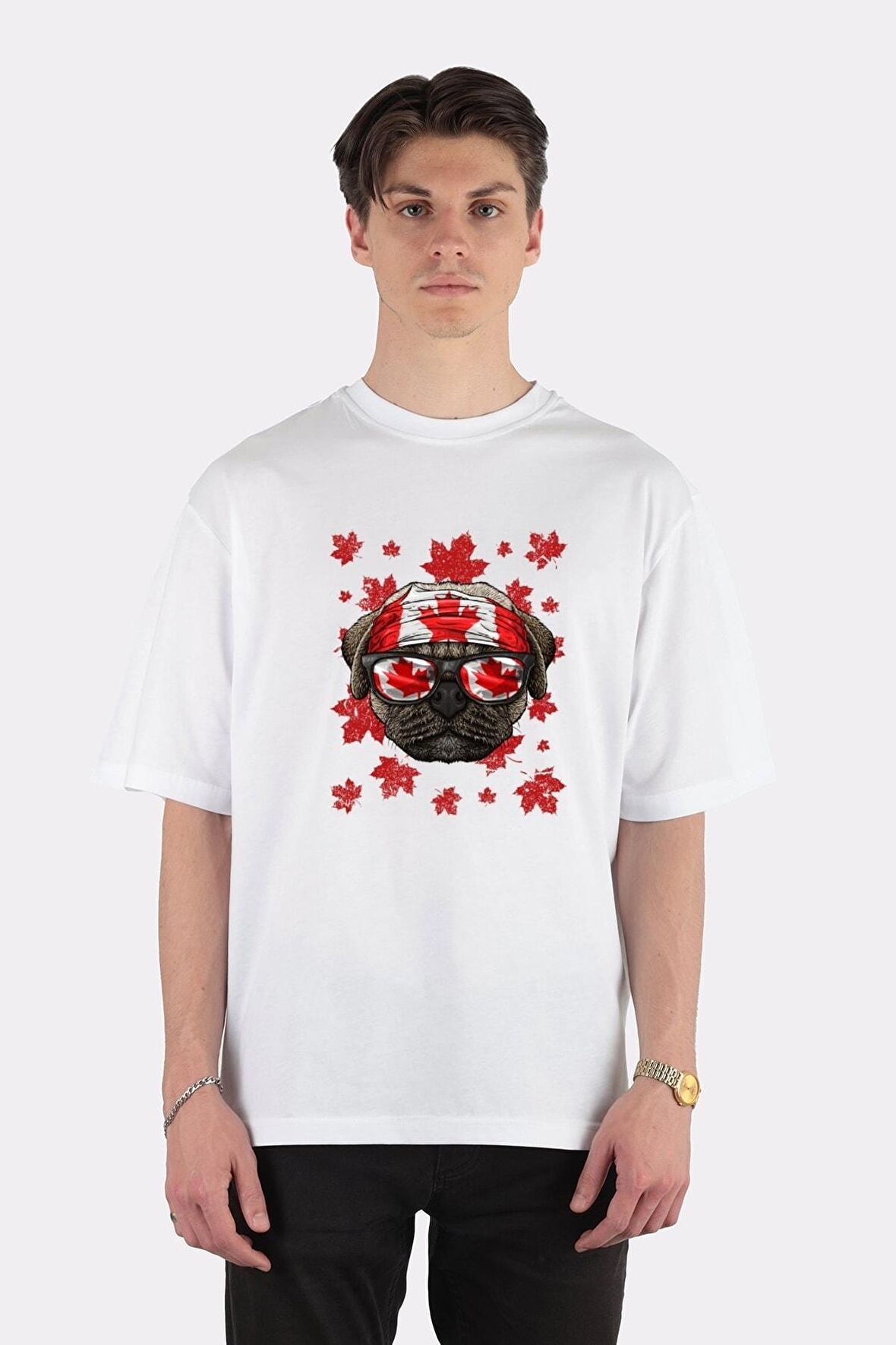 Unisex Beyaz Oversize T-shirt Canadian Pug Patriotic Canada Flag Maple Leaf Pride