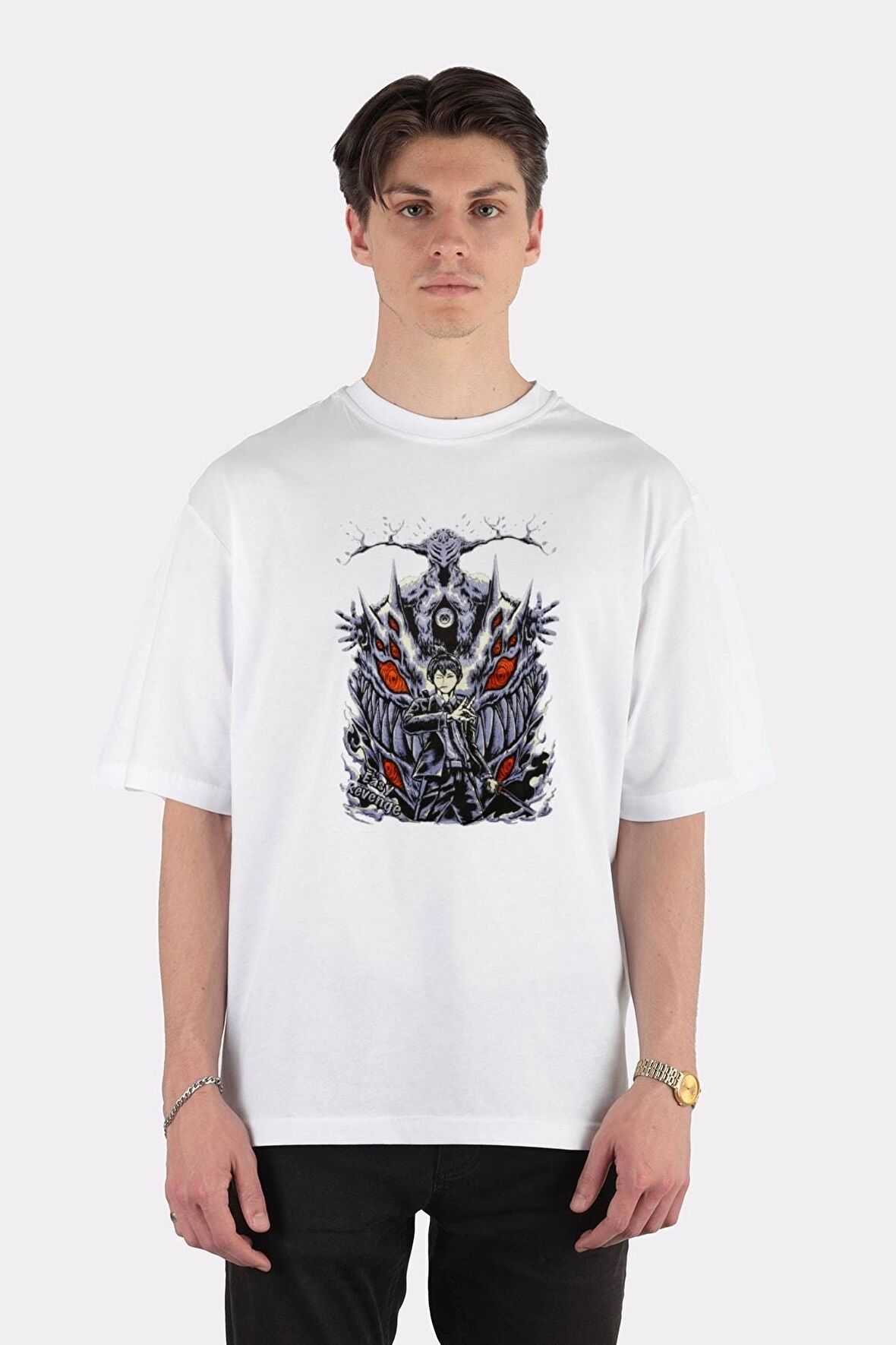 Unisex Beyaz Oversize T-shirt Chainsaw Man Aki