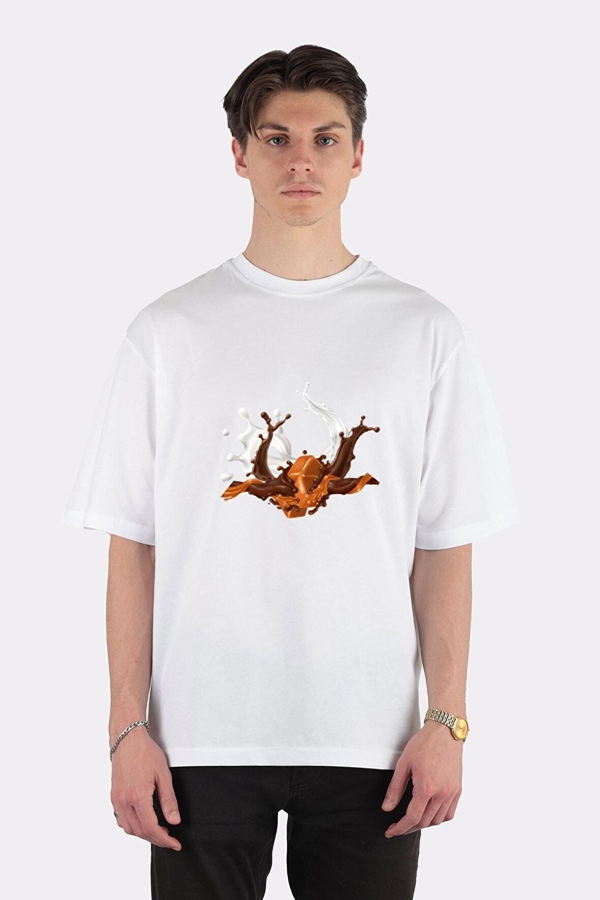 Unisex Beyaz Oversize T-shirt Chocolate Splash Caramel Peanut Dripping Caramel